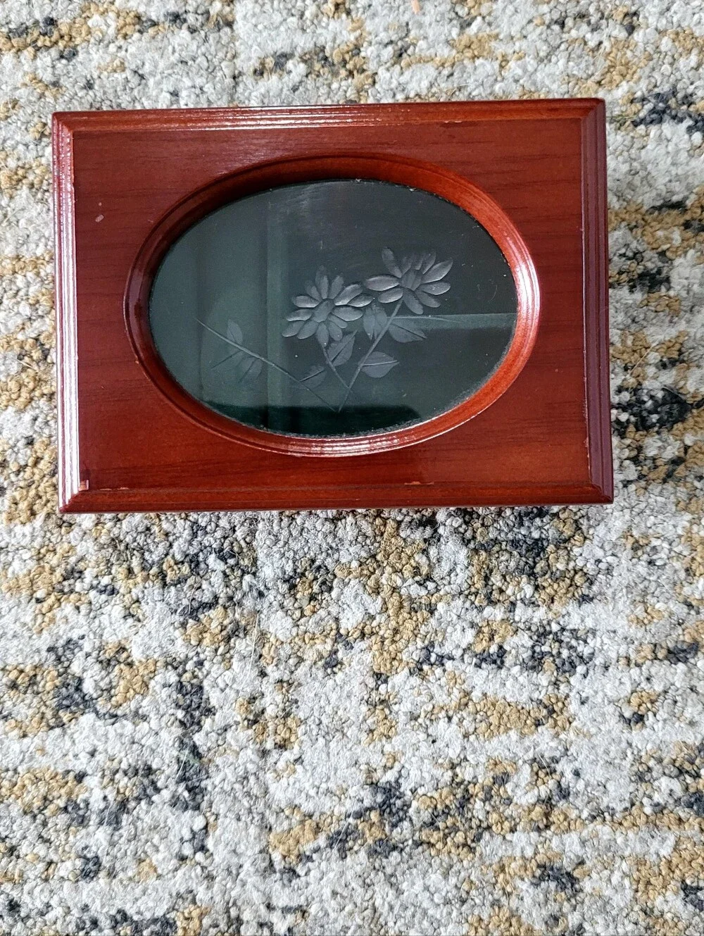 Wood Jewelry Box with Etched Glass Floral Top - Cherry Finish